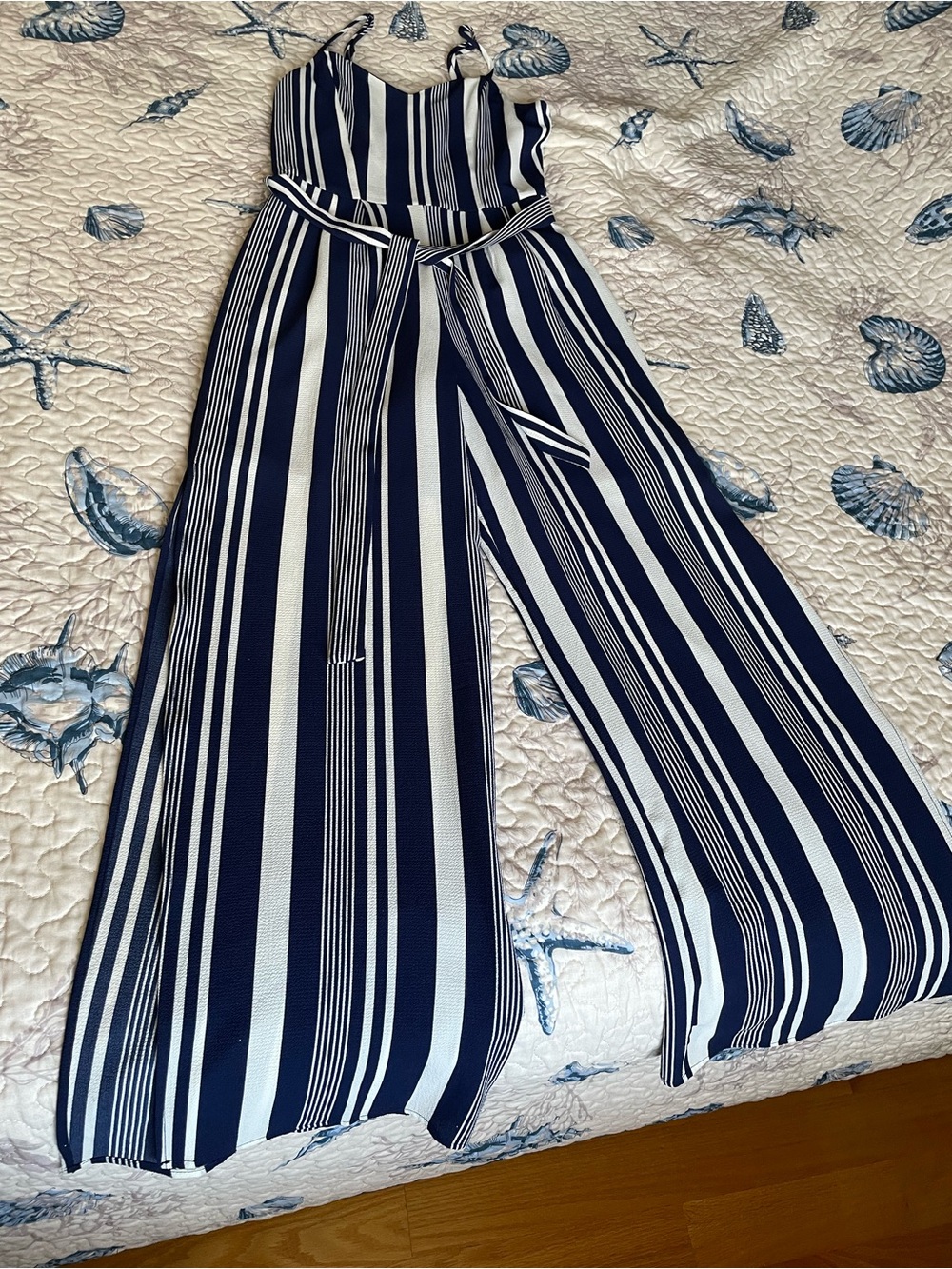 Monteau Navy and White Striped Wide-Leg Jumpsuit